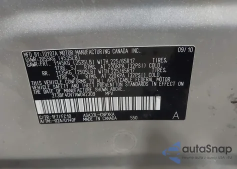 2010 Toyota Rav4 from USA, damaged, VIN 2T3BF4DV7AW082309